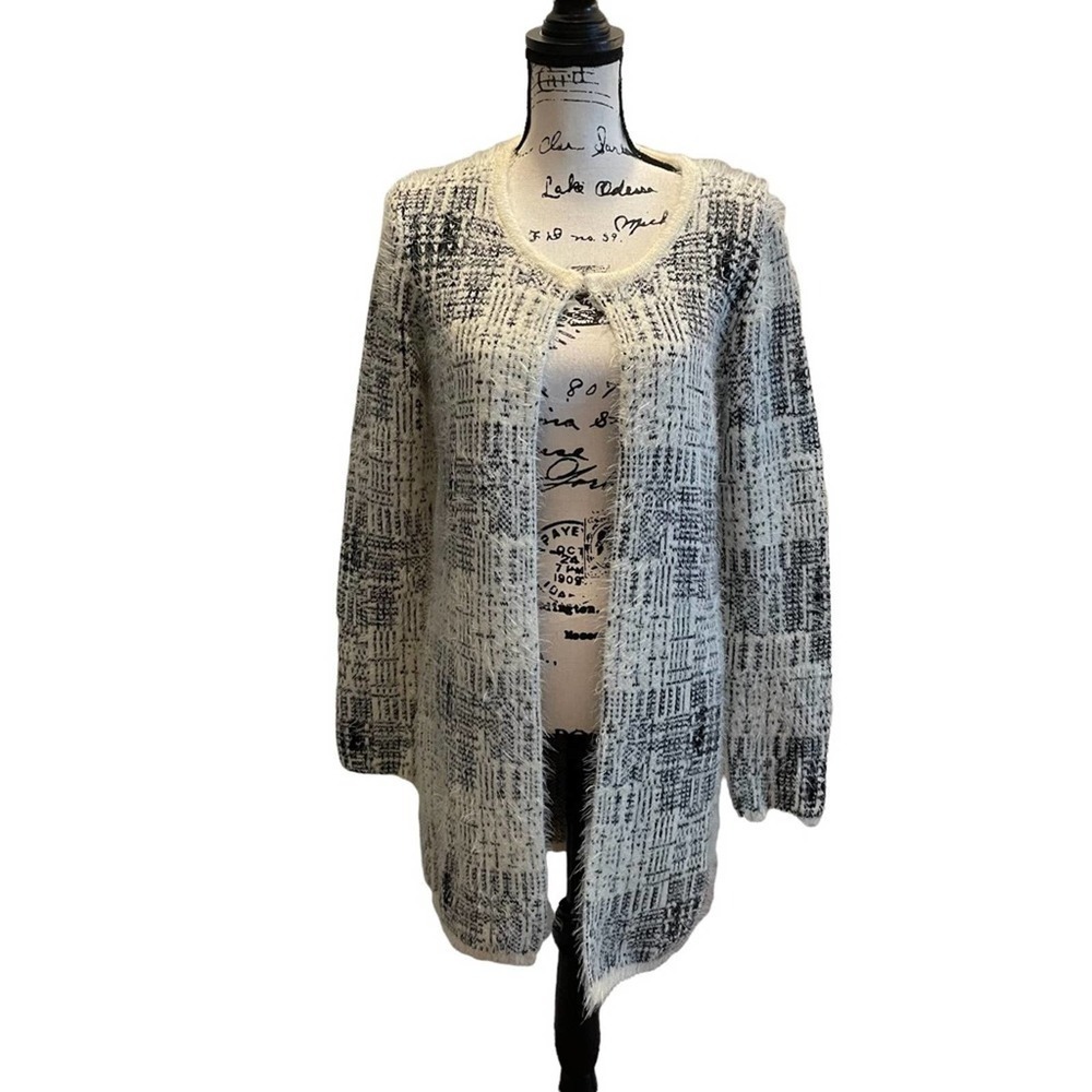 Anthro Carre Noir Cardigan Sweater Black Cream Size Large Fuzzy Womens eyelash